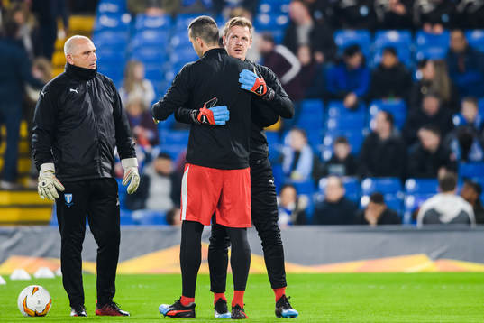 Goalkeeper Johan Dahlin and goalkeeper Dusan Melicharek of
