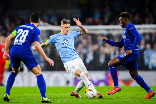 Sören Rieks of Malmö FF and Callum Hudson-Odoi of Chelsea