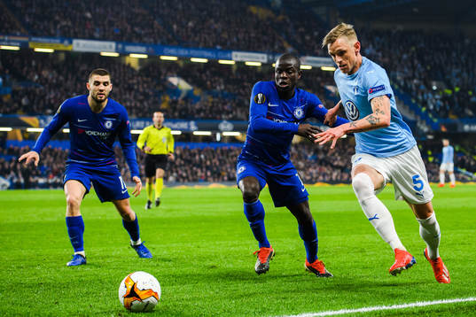 Sören Rieks of Malmö FF and Jorginho and N'Golo Kante of