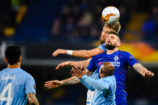 Rasmus Bengtsson of Malmö FF and Olivier Giroud of Chelsea