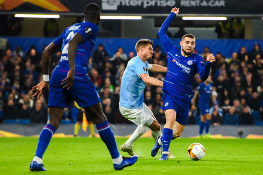 Markus Rosenberg of Malmö FF and Mateo Kovacic of Chelsea