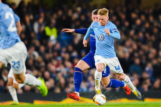 Anders Christiansen of Malmö FF and Ross Barkley of Chelsea