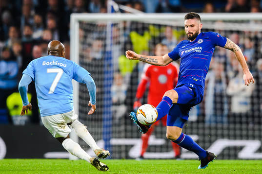 Olivier Giroud of Chelsea and Fouad Bachirou of Malmö FF