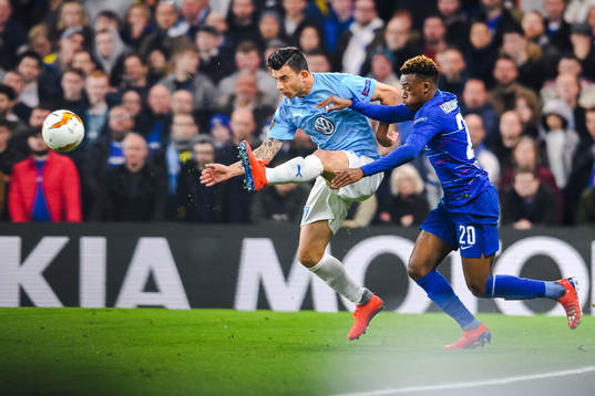 Behrang Safari of Malmö FF and Callum Hudson-Odoi of
