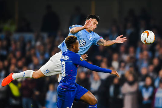 Behrang Safari of Malmö FF and Callum Hudson-Odoi of