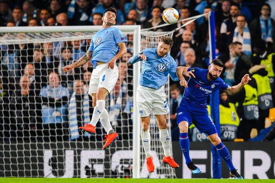 Behrang Safari and Lasse Nielsen of Malmö FF in a duel