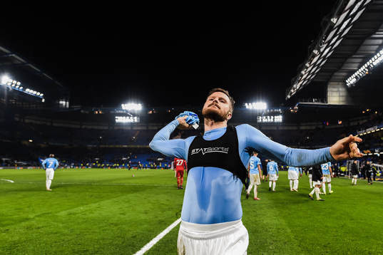 Lasse Nielsen of Malmö FF throws away his shirt