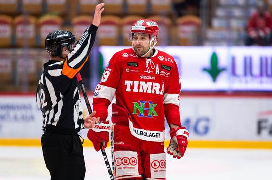 Timrås Ludvig Rensfeldt diskuterar med Domare Mikael