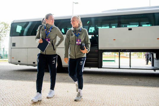 Frida Maanum and Maria Thorisdottir of Norway arrive the