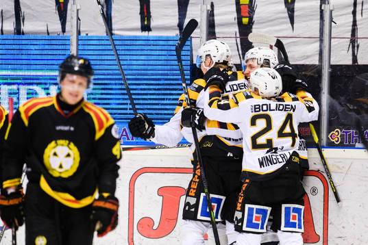 Skellefteås spelare jublar med Edwin Hedberg