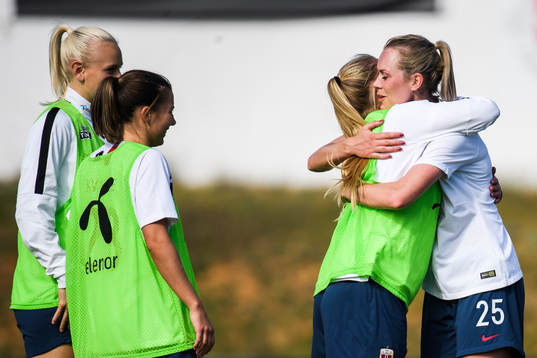 Stine Hovland of Norway celebrates with teammates