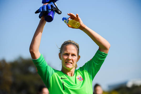 Goalkeeper Ingrid Hjelmseth of Norway celebrates