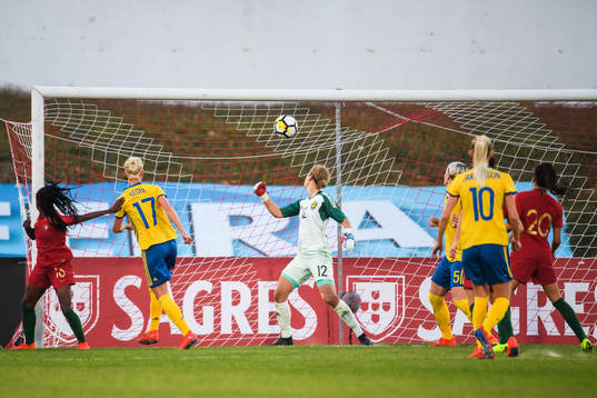 Diana Silva of Portugal scores 1-1 behind goalkeeper Cajsa