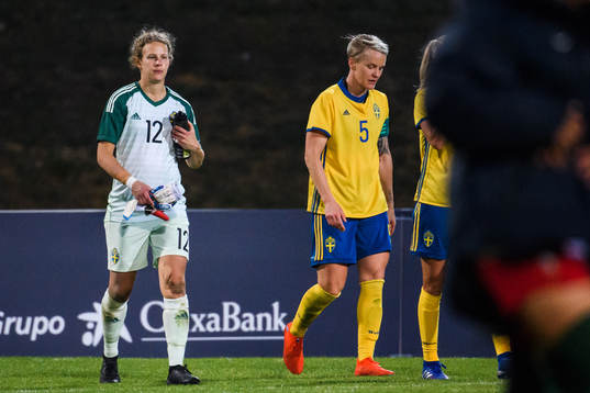 Goalkeeper Cajsa Andersson and Nilla Fischer of Sweden