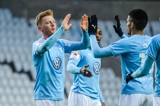 Malmö FFs Anders Christiansen jublar med Romain Gall