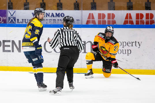 s Maja Jakobsson diskuterar med domaren