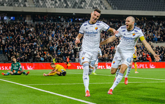 Djurgårdens Haris Radetinac och Marcus Danielson jublar