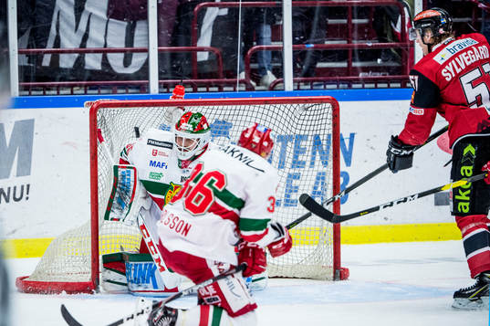 Malmö Redhawks Emil Sylvegård tittar på när Max Görtz