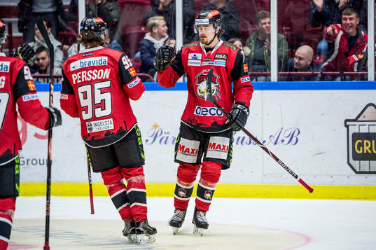 Malmö Redhawks Carl Persson och Marcus Björk jublar