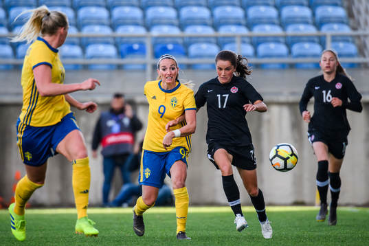 Kosovare Asllani of Sweden and Jessie Fleming of Canada