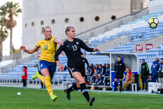 Stina Blackstenius of Sweden and Sophie Schmidt of Canada