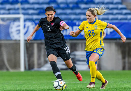 Christine Sinclair of Canada and Elin Rubensson of Sweden