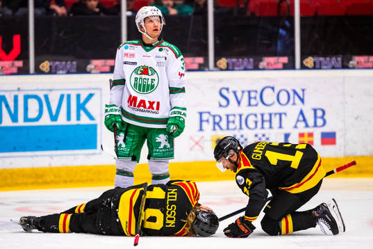 Brynäs Ryan Gunderson och Rögles Daniel Bertov kollar