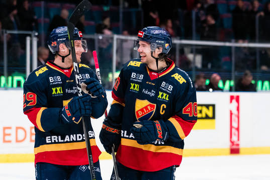 Djurgårdens Sebastian Strandberg och Jacob Josefson jublar