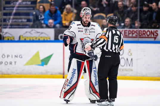 Linköpings målvakt Jonas Gustavsson diskuterar med domare