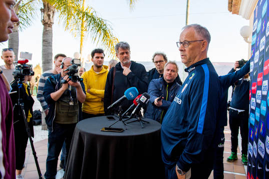 Lars Lagerbäck, head coach of Norway, talks to the media
