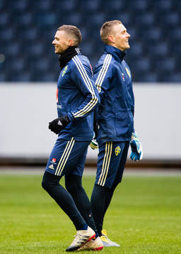 Marcus Berg and goalkeeper Karl-Johan Johnsson of Sweden