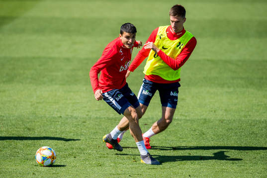 Mohamed Elyounoussi and Markus Henriksen of Norway
