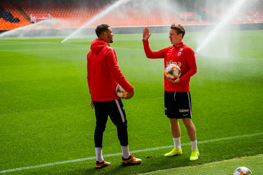 Joshua King and Stefan Johansen of Norway