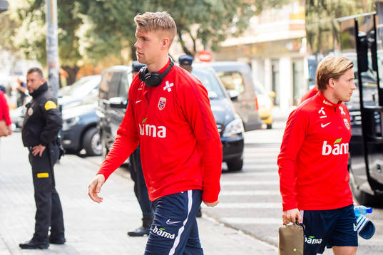 Kristoffer Ajer of Norway arrives the stadium