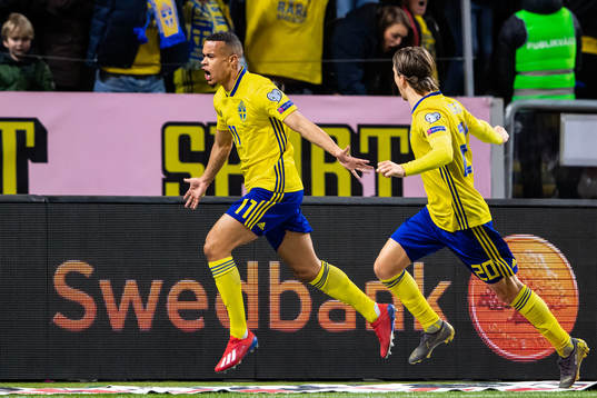 Robin Quaison and Kristoffer Olsson of Sweden celebrates