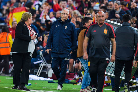 Lars Lagerbäck, head coach of Norway, looks dejected