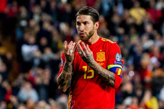Sergio Ramos of Spain celebrates scoring 2-1