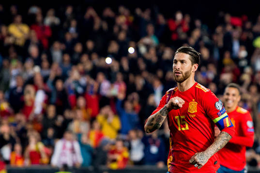 Sergio Ramos of Spain celebrates scoring 2-1