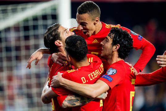 Sergio Ramos of Spain celebrates with teammate Rodrigo
