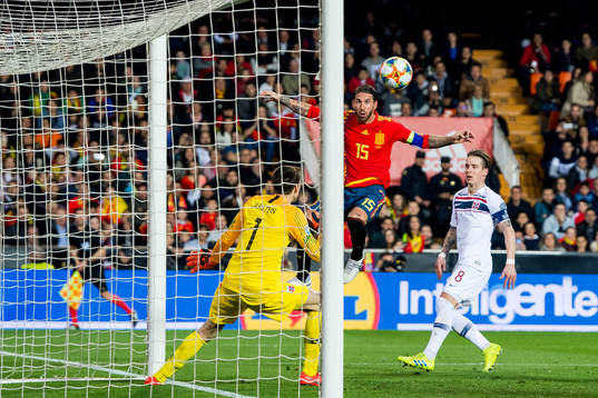 Sergio Ramos of Spain with an attempt