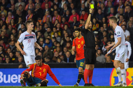 Kristoffer Ajer of Norway receives a yellow card