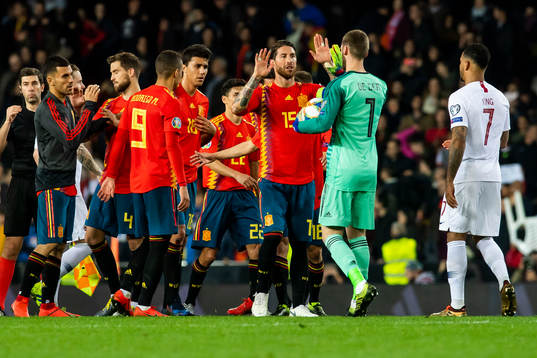 Sergio Ramos and goalkeeper David de Gea of Spain