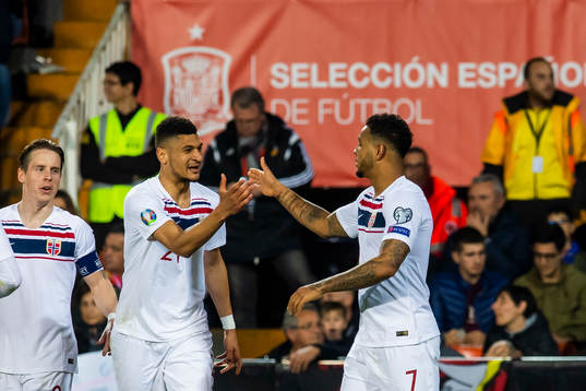 Joshua King of Norway celebrates with his teammate Bjørn