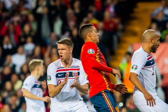 Kristoffer Ajer of Norway reacts