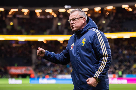 Head coach Janne Andersson of Sweden celebrates