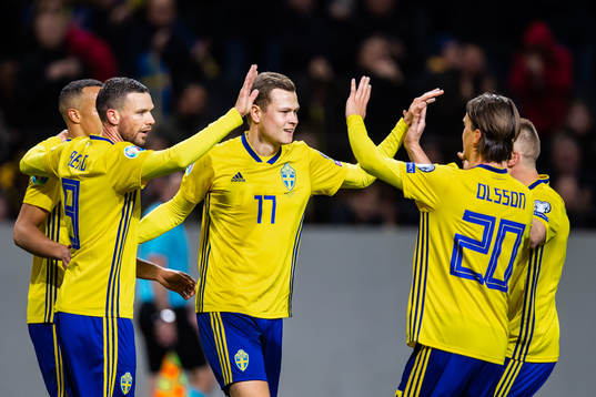 Viktor Claesson of Sweden celebrates with teammates