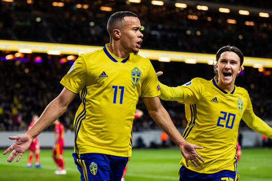 Robin Quaison and Kristoffer Olsson of Sweden celebrates