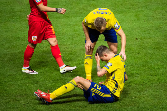 Sebastian Larsson tends to Mikael Lustig of Sweden