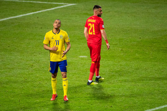 Robin Quaison of Sweden looks dejected