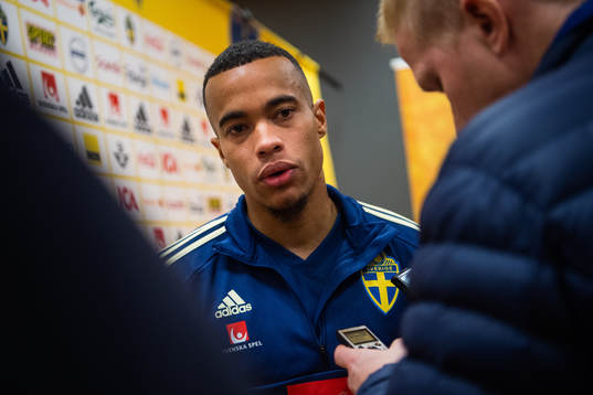 Robin Quaison of Sweden interviewed by the media